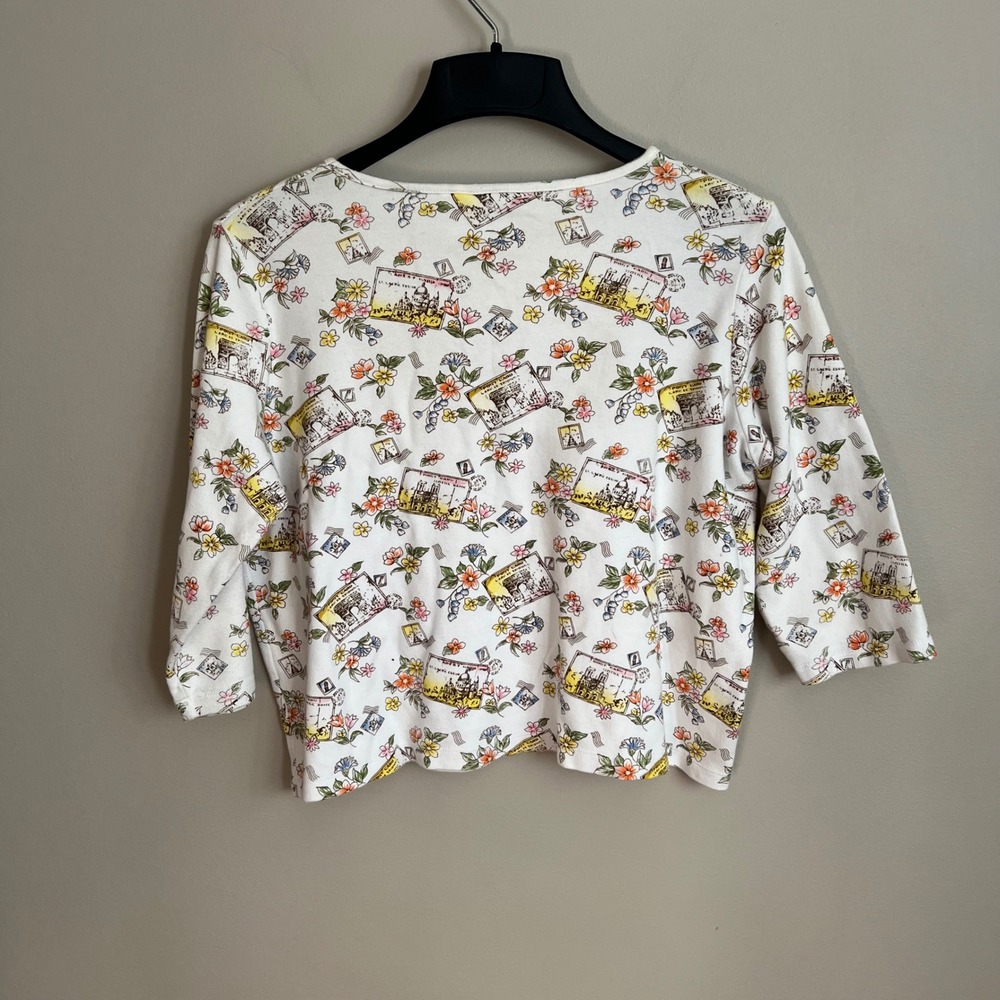 Vintage 90's Paris Euro Postcard Graphic Floral 3/4 Sleeve Artsy Conversational - Picture 4 of 5